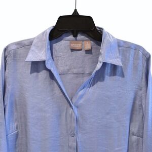 Chicos Button Down Shirt Long Sleeve Blue Metallic Sheen Top Womens Size 8 (2)